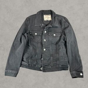 True Religion Denim Jacket Mens Medium Black Y2K Trucker Workwear Hip Hop Grunge